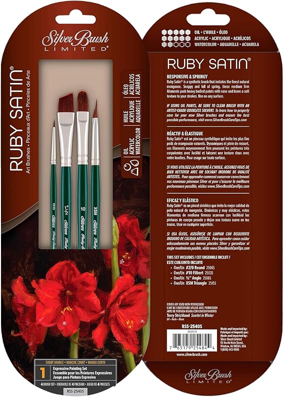 Silver Brush RSS-2540S Ruby Satin Short Handle Acrylic/Oil Brush Set 4 Per Pack