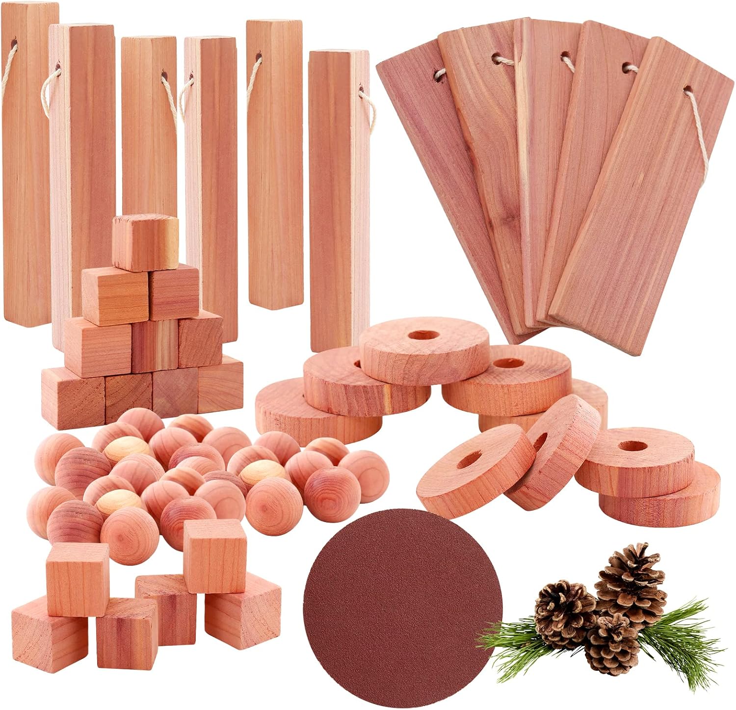 Yizhet Cedarwood Moth Repellent, 51 PCs Cedarwood Blocks, Balls, Discs, Rings, Natural Cedar Moth Repellent for Wardrobes, Drawers, Clothes Storage