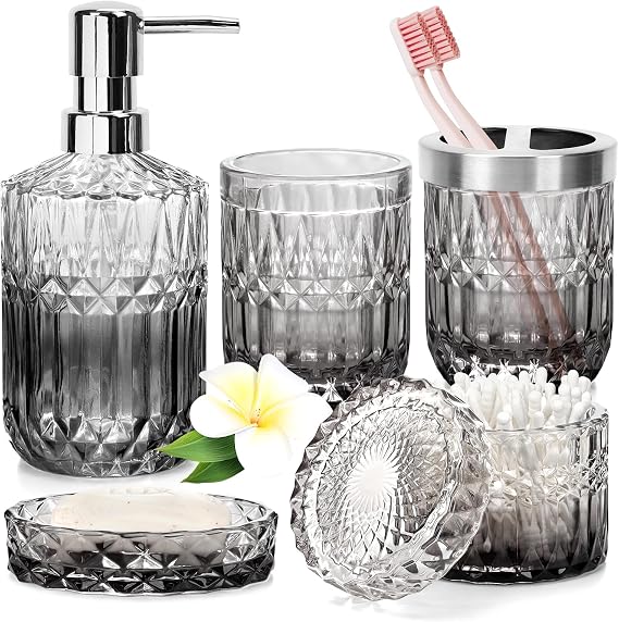 Bathroom Accessories Set 5 Piece, Bathroom Decor Sets, Bathroom Organiser, Hotel Home Complete Luxury Bath Accessory with Toothbrush Cup/Soap Dispenser/Soap Dish/Rinsing Cup/Cotton Swab Jars(Black)