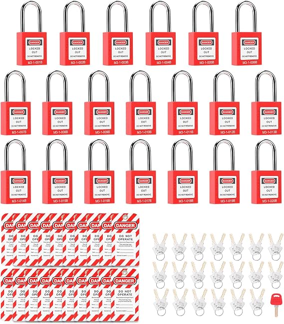 Safety Lockout Padlock, 20 Pack Electrical Lockout Padlocks with 30 Pack Reusable PVC Danger Warning Signs and 41 Keys, Lockout Tagout Kit for Industrial Use Electric Hydraulic Pneumatic Applications