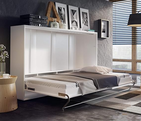 Stylish White Gloss Murphy Bed 120 x 200cm Modern Horizontal Fold Away Pull Out Wall Bed with Duvet Straps for Space Efficiency.