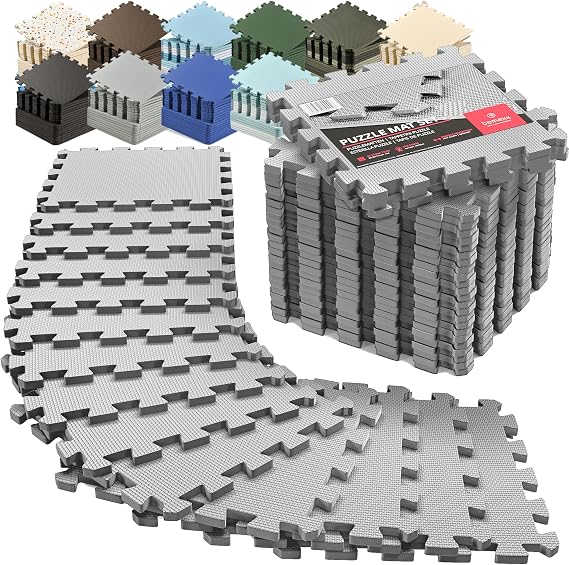 bemaxx Interlocking Soft Foam Floor Mat - Protective Gym Flooring Set, Exercise Mats EVA Puzzle Tiles, Ground Protection Workout Sports Pool Home Fitness - Gray - 18 Pieces 32L x 32W x 1Th cm