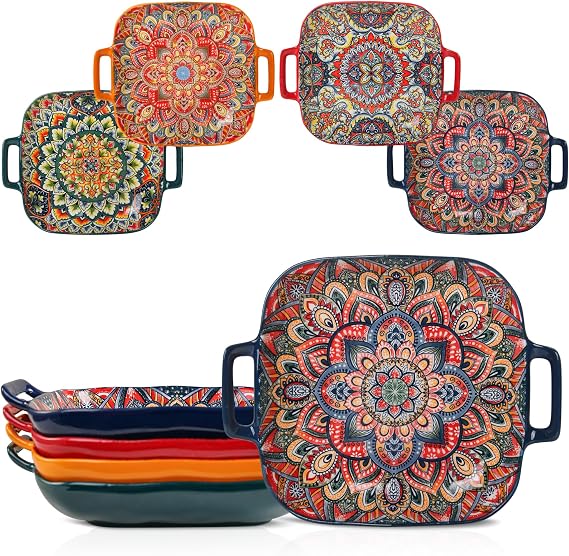 Four-Piece Set Ceramic Serving Platter with Handles,Bohemian Ceramic Plate,Square Dinner Plate,Colorful Salad Dish,Retro Fruit Plate