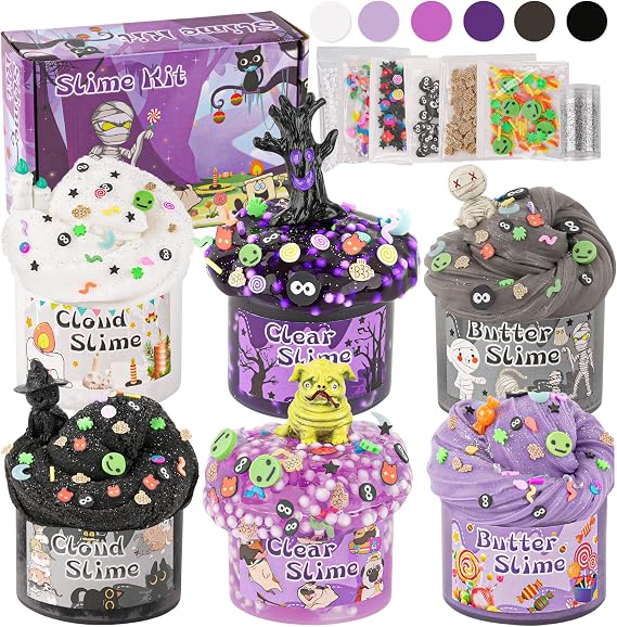 6 Packs Black Purple Slime Kit - Cloud, Butter & Clear With Halloween Add-ins, Fluffy for Girls & Boys Party Bag Fillers, 360ml Making Kit
