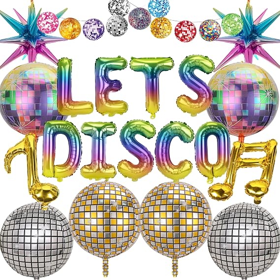 Disco Party Decorations Dancing Queen - 20 Pcs Neon Music Decoration Including Musical Balloons Shining Disco Ball Exploding Star Balloons for 70s 80s Boogie Retro Mamma Mia Party Decorations