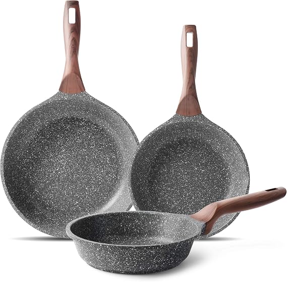 RIOVARM Nonstick Frying Pan Set Induction Pan Set with Heat Resistant Handle Granite PFOA Free Omelet Pan Marble Cookware for Various Stoves 20cm 24cm 28cm