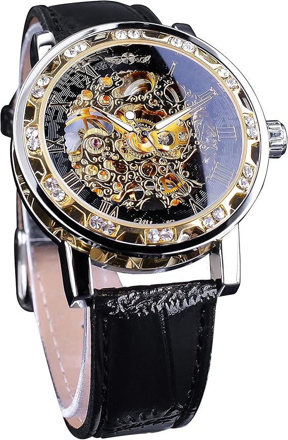 FORSINING Winner Retro Manual Mechanical Skeleton Watch with Diamond Carving Flower Craft Men's Watch Classic Roman Numeral Black Gold Colour