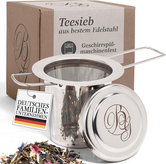 Boomers Gourmet Premium Tea Strainer for Loose Tea - Stainless Steel 304 Tea Filter Tea Infuser with Lid & Drip Tray - Tea Strainer for Cup Teapot Thermos Flask - Tea Strainer Stainless Steel Tea Strainer Fine - 1 Piece