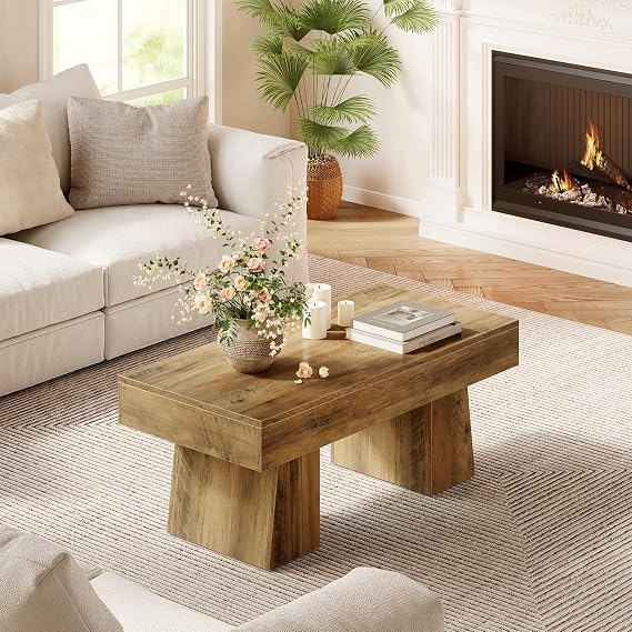 Tribesiigns Farmhouse Coffee Table, 120cm Wooden Rectangular Accent Center Tables with Thick Base, Modern Low Cocktail Tea Furniture for Living Room