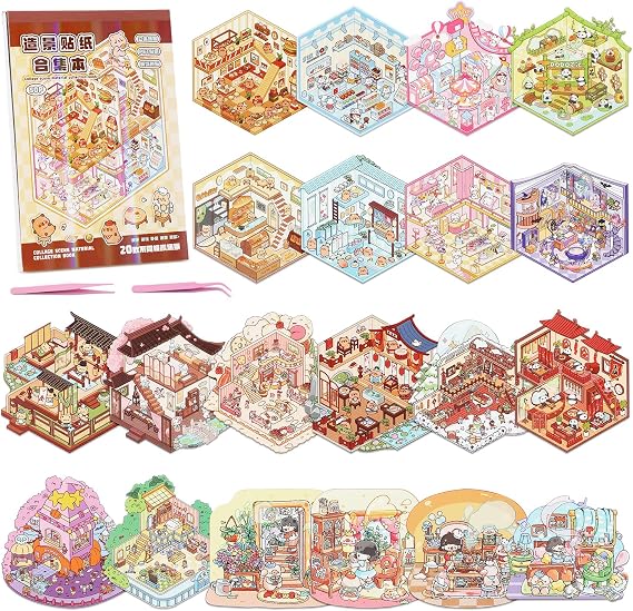 20 Sets DIY 3D Scene Sticker Book – Creative Miniature House Scenes with Tweezers, Reusable Sticker Book for Kids and Adults, Stress Relief Cute Stickers Kit (Set-1)