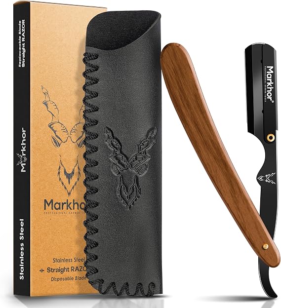 MARKHOR® Rosewood Matte Black - Cut Throat Razor Kit – Mens Straight Razor, Barber-Grade Cutthroat Razor, Professional Straight Edge Beard Razor for a Clean & Precise Shave