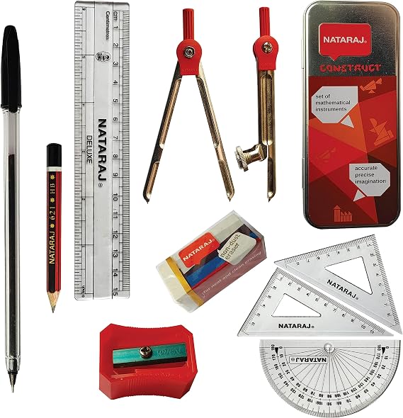 9 Pcs INSTA Maths Geometry Set, Drawing Compass Maths Protractor Ruler Squares Pencil Sharpener Eraser Set for Student Exam Instruments in Tin Case, iZOFAX Black Ball Pen