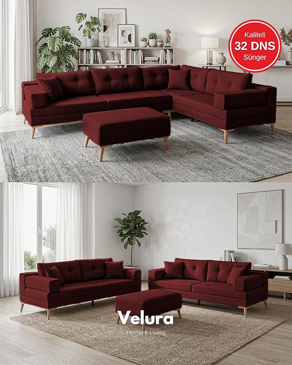 Zeri Modüler Yataklı Koltuk Takımı & 2 Adet Üçlü Kanepe & Köşe Takımı (3+3) - Bordo - 173