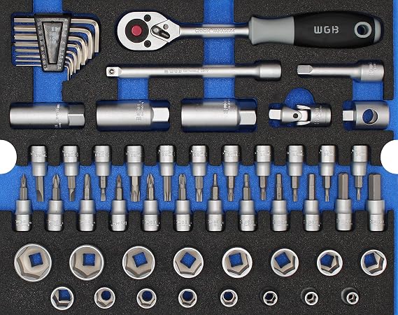 3/8 Inch Socket Spanner Set 55 Pieces with Ratchet Sockets and Cardan Joint Foam Insert Tool for Tool Box and Workshop Trolley WGB Module 6430