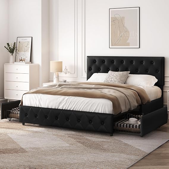 Yaheetech Upholstered Leather Bed Pull Button Padded Storage Bed 160 x 200 cm Black