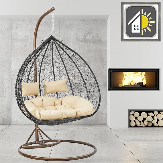 Premium Hanging Double Egg Chair Outdoor Garden Swing Chair Hammock Chair with Cushions - RAIN COVER INCLUDED (Double, Brown - Black - Beige)