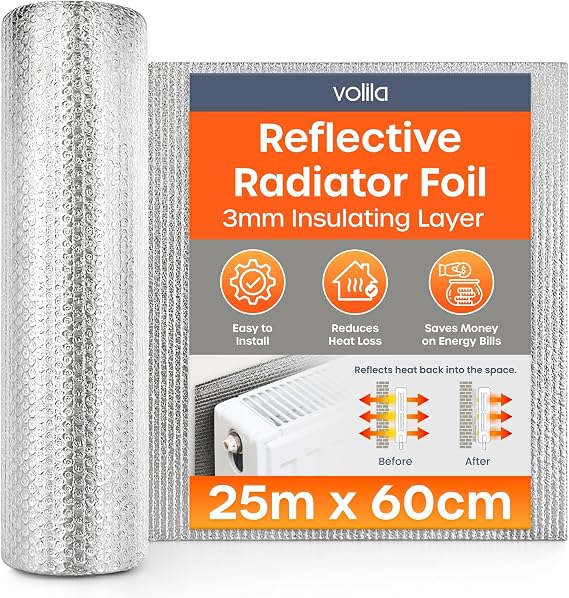 Radiator Foil Insulation Roll 25m x 60cm - 1 Pack Radiator Reflector Panels for Enhance Heat Efficiency - Energy Saving Radiator Heat Deflector for Home Heating