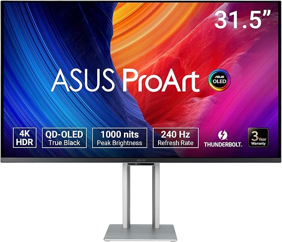ASUS ProArt Display OLED PA32UCDM Professional Monitor – 32-inch, 4K UHD (3840 x 2160), QD-OLED, Ultra-slim, 240Hz, 0.1ms, Auto Calibration, HDR-10, HLG, Dolby Vision, 99% DCI-P3, ΔE < 1, Calman Ready