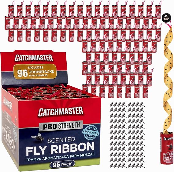 Catchmaster フライリボン 96個パック バグ&ショウジョウバエトラップ 屋外および屋内用 プレミアム粘着粘着フライストリップ&ブナハンギングストリップ バルクフライング昆虫ペーパーロール 農薬不使用 家庭用害虫駆除