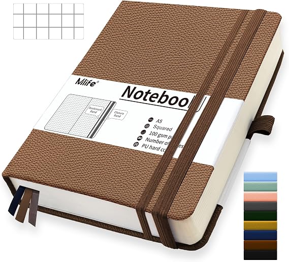 Mlife A5 Graph Paper Notebook,360 Pages Thickened Squared Notebook,Premium 100g/M² Ink Resistant Paper Thick,Pu Hard Cover Grid Notebook,Inside Pocket,Elastic Banded,Grid Paper for Writing(Brown)
