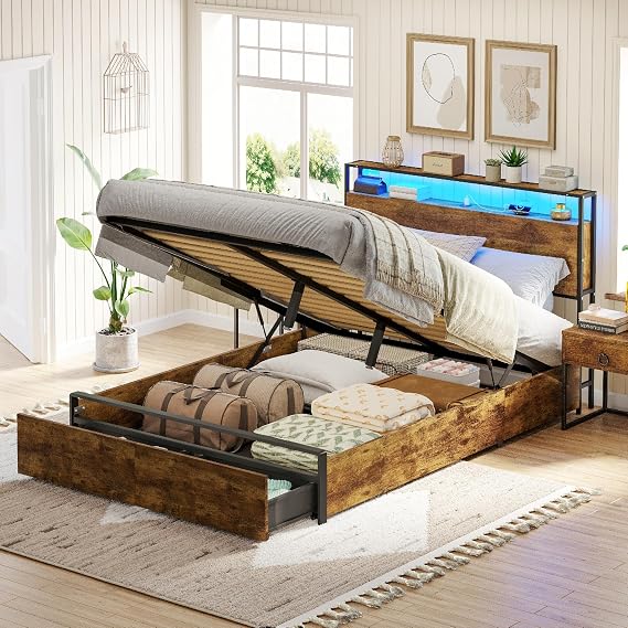 Double Upholstered Bed Frame, 4ft6 Ottoman Bed with Hydraulic Storage and Headboard Storage, Charging Station & LED Light, Wooden Slats, Natural, 135x190 cm (No Mattress)