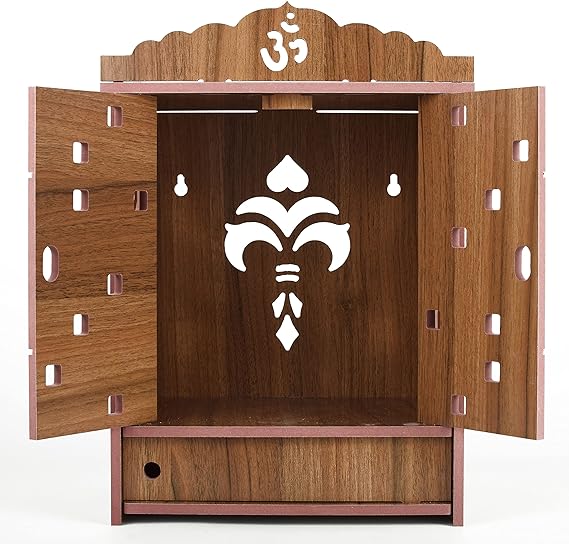Brown Wood Home Temple With Storage Box, Wall Hanging and Table Top Mandir, Handmade, Laser Cut, Best for Decor