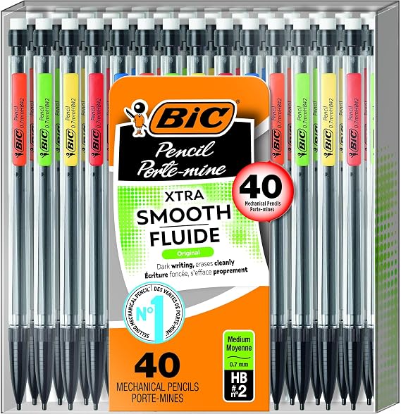 Bic Mechanical Pencils, 40 count, Black barrel with multi color clips
