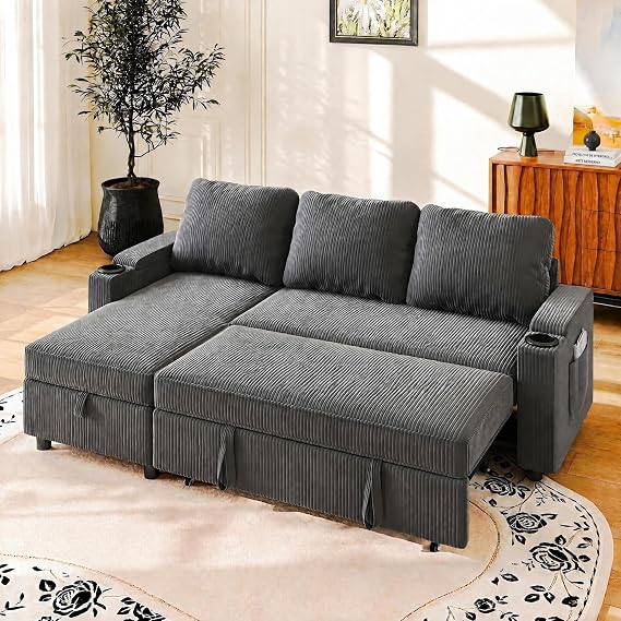 JUMMICO 3 Seater Corner Sofa Bed with Storage and Multi-Function Armrest, Convertible for Living Room, Grey
