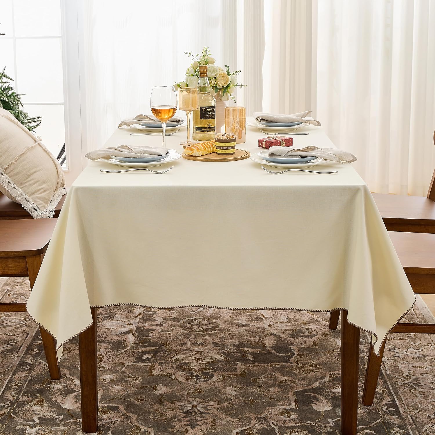 Simple&Opulence 100% Cotton Rectangle Tablecloth 58x120, 8Ft Canvas Fabric Waterproof Washable Table Cloth, Decor Farmhouse Dining Table Cover for Kitchen, Wedding Party, Outdoor, 10-12 SeatsBeige