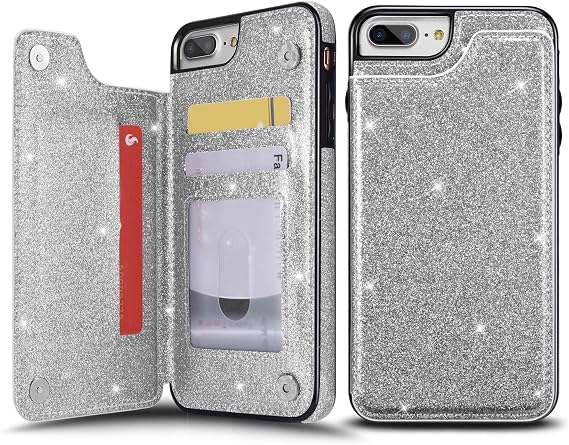 UEEBAI Case for iPhone 7 Plus/8 Plus, Premium Glitter PU Leather Wallet Case with Card Slots & Stand Function, Silver