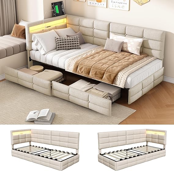 3ft Single Daybed with LED,2 Storage Drawers