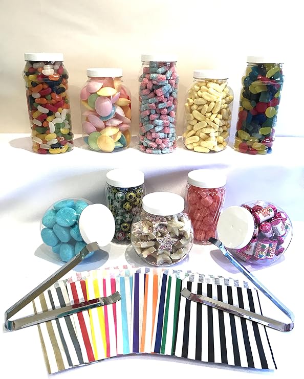Truly Sweet Candy Assorted White Candy Buffet kit with 10 Plastic Sweet Jars, 2 Tongs and 100 Bags (Pink)