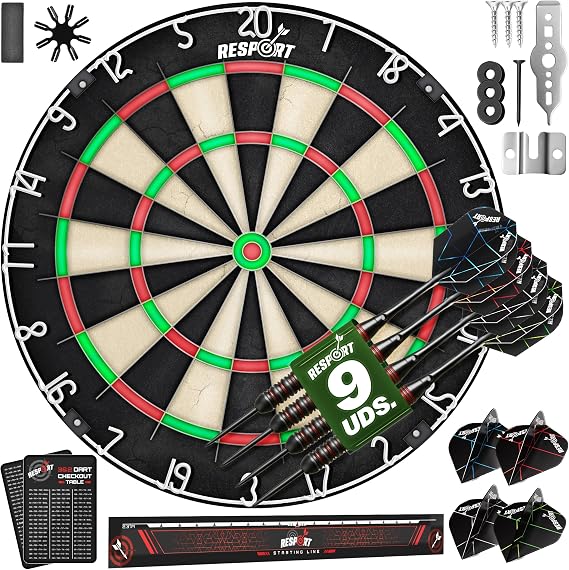 RE:SPORT XXL Dartboard with 9 Professional Darts + 24 Pro Flights + Accessories, Sisal Steel Darts, Includes Mounting Kit, Steel Dartboard with Metal Tip