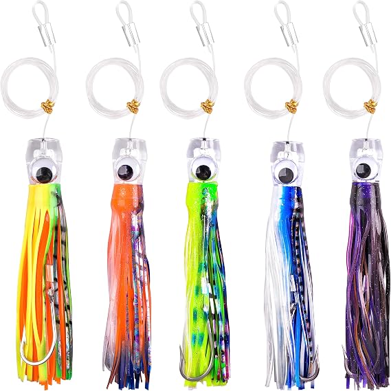 Saltwater Trolling Lures, 5pcs Big Game Octopus Squid Skirt Trolling Lure with Rigged Hooks Offshore Fishing Lure for Deep Sea Marlin Tuna Mahi Dolphin Shark 6in/9in
