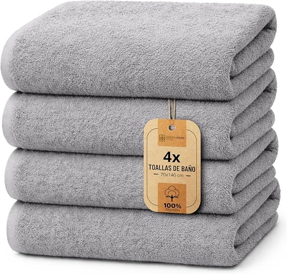 NatureMark Set of 4 Shower Towels – Soft and Absorbent Towels 100% Cotton, Suitable for Daily Use – Silver Grey, 70 x 140 cm