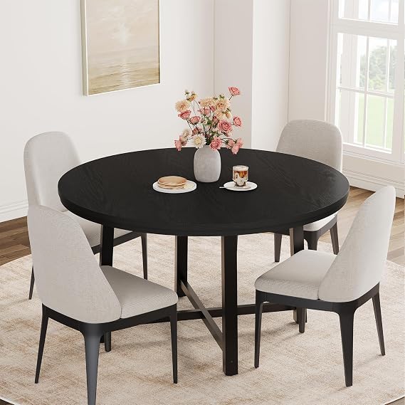 47 in Round Dining Table, Industrial Dinner Table for 4 to 6, Wooden Kitchen Table with Sturdy Metal Frame & Rustic Light Oak Finish, Circle Kitchen Table for Dining Room, Kitchen（No Chairs), Black