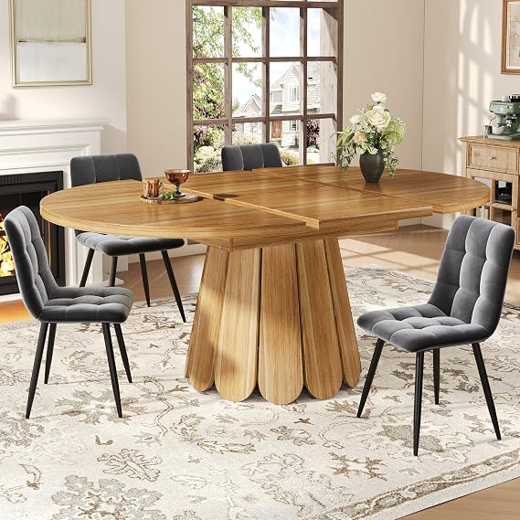 Extendable Round Dining Table 4-6 Seater Kitchen Table with Tulip Base, Space Saving for Dining Room, Kitchen, Living Room, 118(158) x118cm, Wood