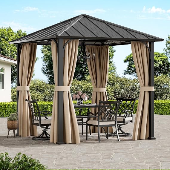 Modern Shade 2.5 x 2.5m Hardtop Gazebo with Galvanized Steel Roof & Detachable Curtains, Permanent Metal Gazebo Outdoor Pavilion for Backyard, Deck, Garden - All-Weather Patio Cover