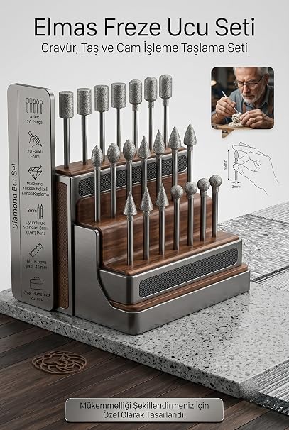 Transformacion 20 Parça Profesyonel Elmas Freze Ucu Seti - 3Mm Şaft Gravür, Taş Ve Cam İşleme Taşlama Seti