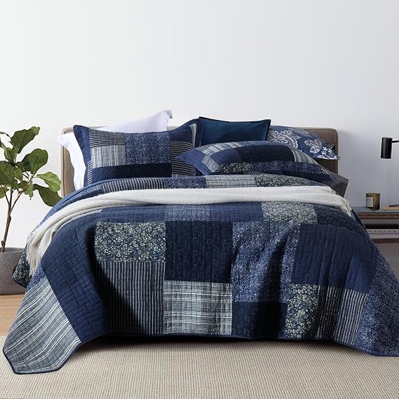 Qucover Quilted Double Bedspreads 100% Cotton Vintage Blue Patchwork Quilts