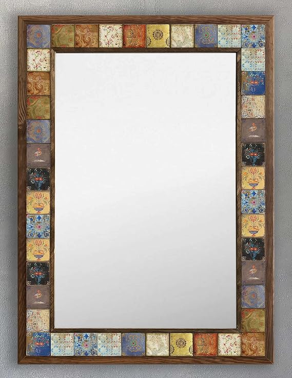 Oscar Stone Decor Ahşap Çerçeveli Mozaik (Mermer) Ayna 53x73 CM Seramik Desen-Eskitme Çiçek Vintage