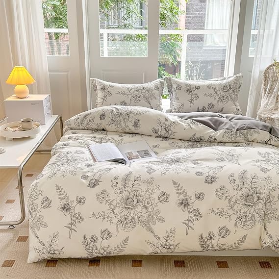 Duvet Cover Set, Single 3-Piece Set, Pillowcase, Duvet Cover, Fitted Sheet, Bedding Cover, Floral Print, Stylish, Black Duvet Cover 59.1 x 82.7 inches 150 x 210 cm