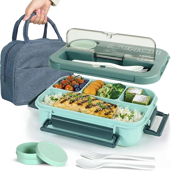 Bento Lunch Box with Insulated Bag 1300ML, Leak-Proof Bento Lunch Box with 4 Compartments, 4-in-1 Meal Prep Container with Cutlery and Sauce Pot for Adults & Kids (Green)