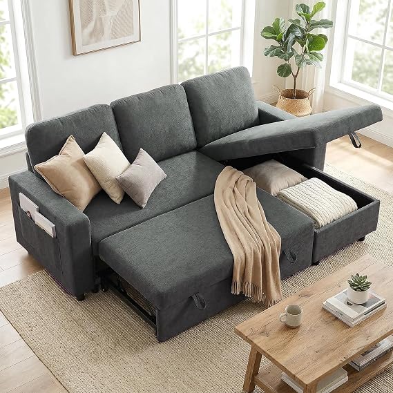 HOMCOM Sofa Bed with Storage Convertible L Shaped Couch Charcoal Grey