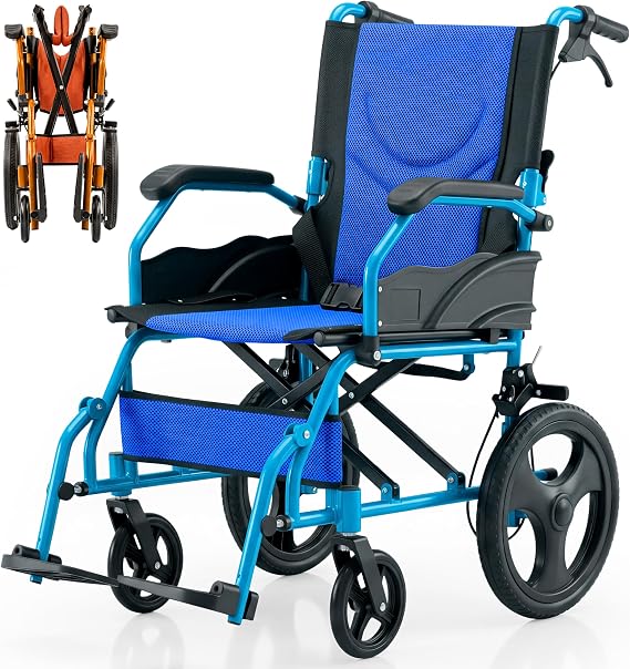 Mobiclinic®, Wheelchair, Folding, Lightweight, Two Brake Systems, Backrest, Aluminium, Folding Footrest, Pyramid Model, Small, Fixed Armrests (Blue, 46 cm)