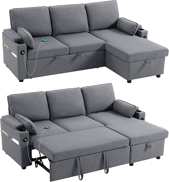 HOMCOM Corner Sofa Bed L Shaped Reversible Storage Chaise 3 Seater Grey
