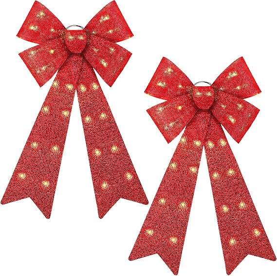 2ピース LED クリスマスリボン クリスマスツリートッパー リボン プリライト クリスマスリボン デコレーション ライト付き 24インチx12インチ Lサイズ クリスマスLEDライト リボン バッテリー駆動 リースガーランド用 レッド