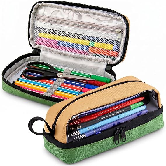 G4GADGET Pencil Case Large Capacity with Compartments | Clear Window & Mesh Pocket | Beige Green Aesthetic School Pencil Pouch for Boys Girls Teenagers Adults