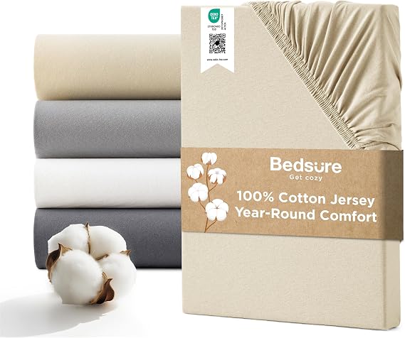Bedsure King Size Fitted Sheet - 100% Cotton Jersey, 40cm Deep, Beige