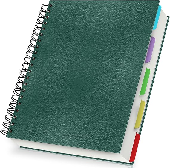 A4 Hardback Notebook Lined - 120 Sheets 100gsm College Ruled 7mm Paper A4 Spiral Note Book Pad with Dividers - 21x28.5cm Dark Green Hardcover Wirebound Notepad for Office Women Man